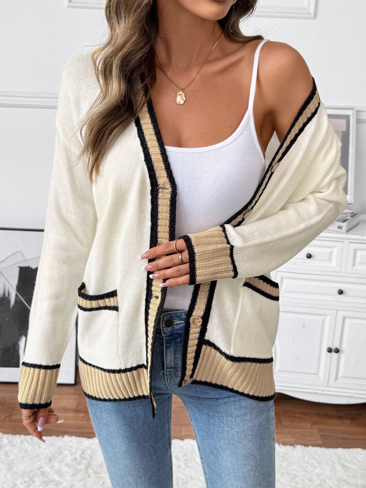 Contrast Trim Button Up Knit Cardigan