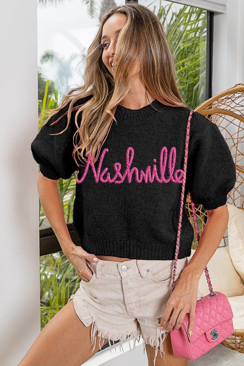 BiBi Metallic Letter Short Puff Sleeve Hairy Sweater