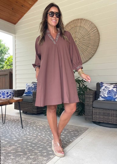 Product: Umgee Notched Shift Dress with Trim Detail