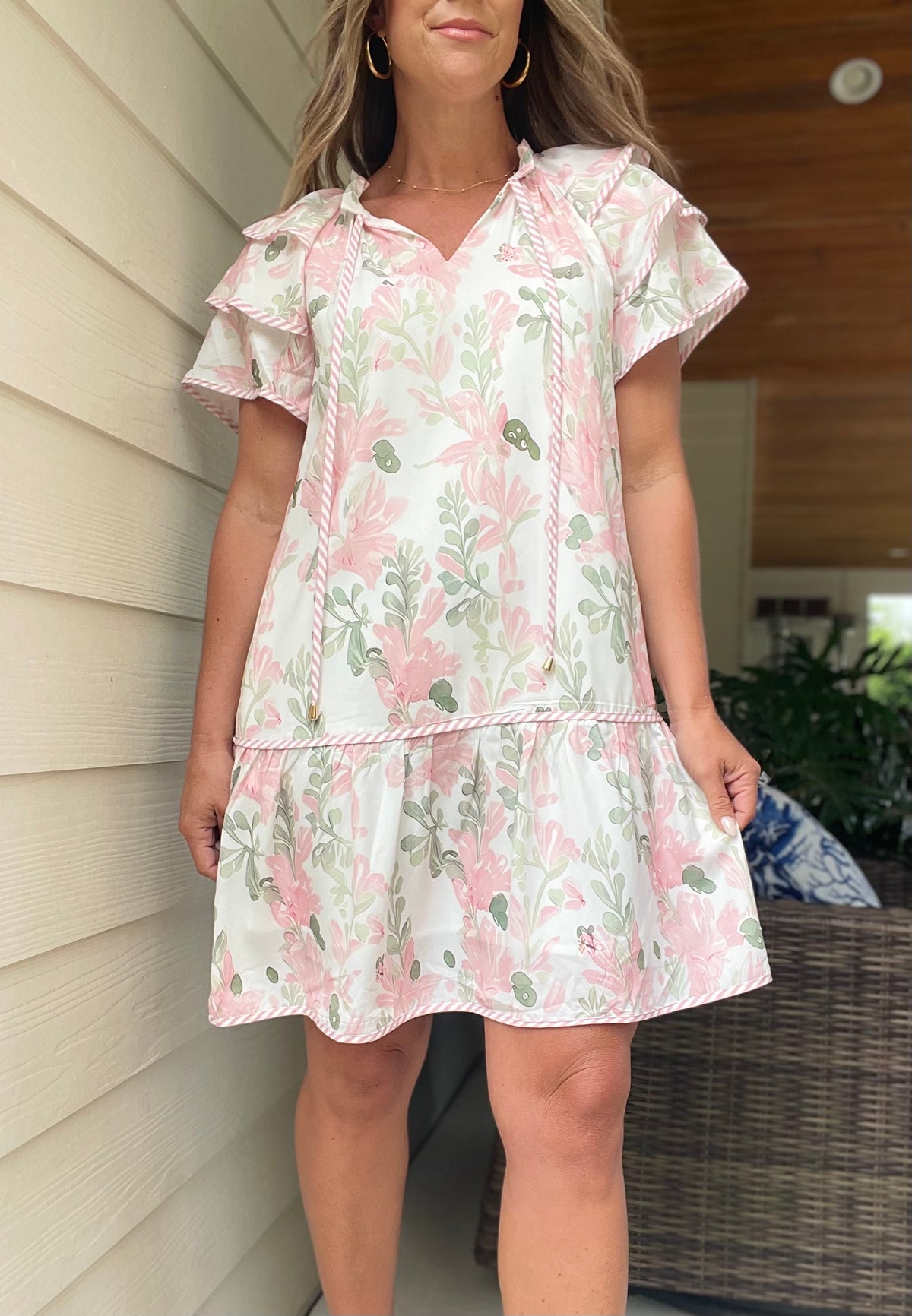 Floral Contrast Edge Layered Short Sleeve Mini Dress