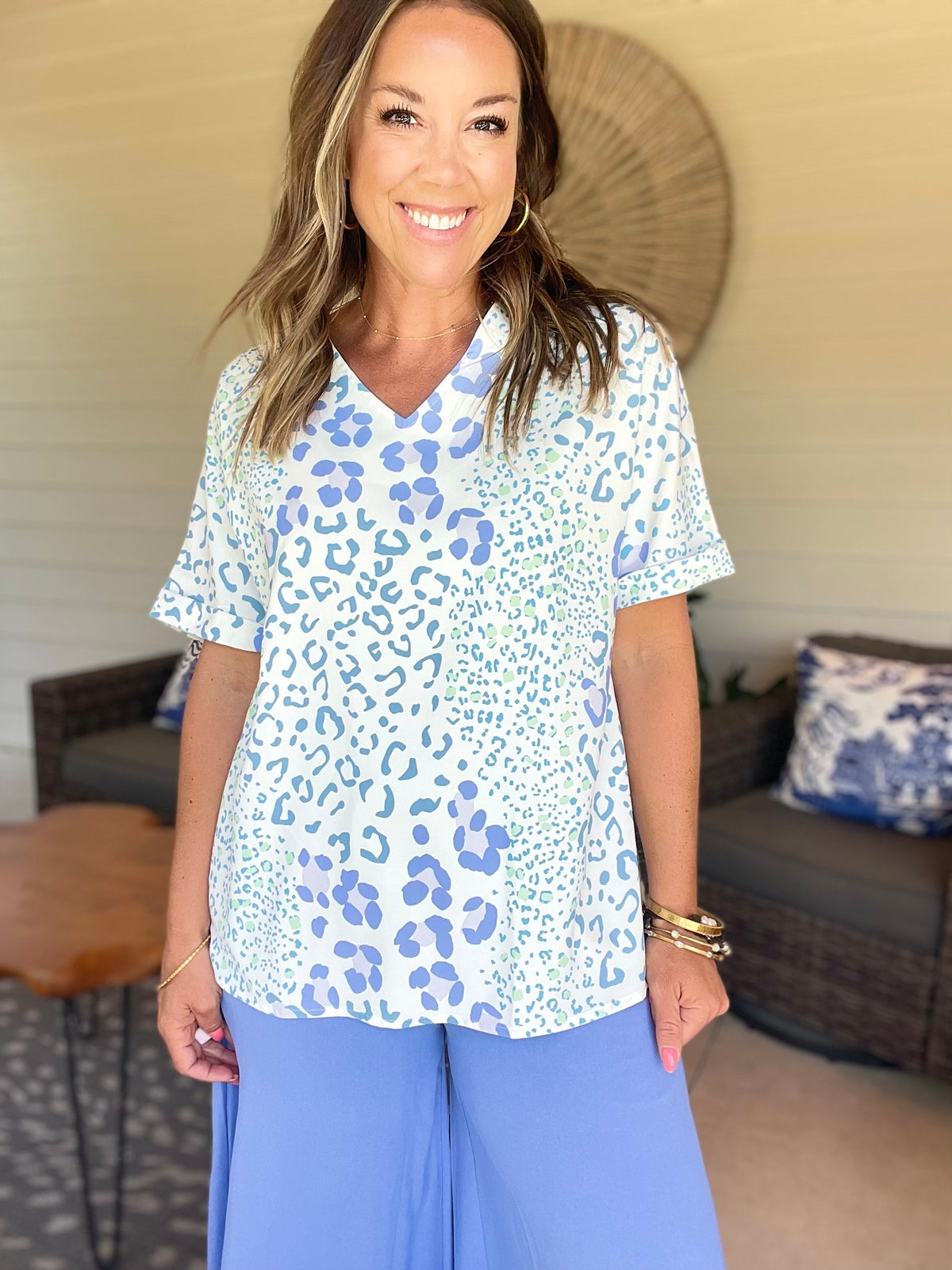 Leopard Print V Neck Short Sleeve Blouse