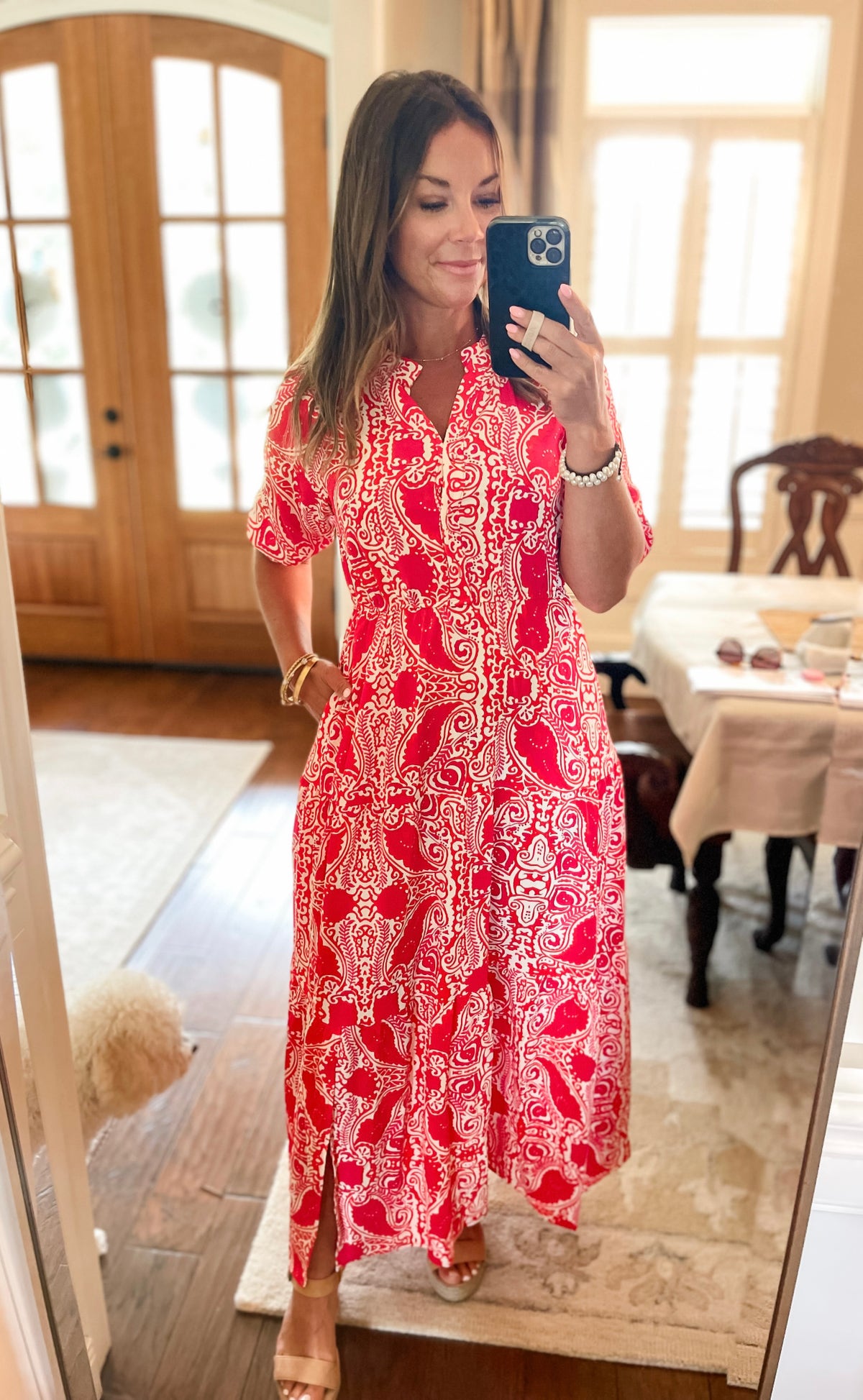 Paisley Print Side Slit Puff Sleeve High Waist Maxi Dress