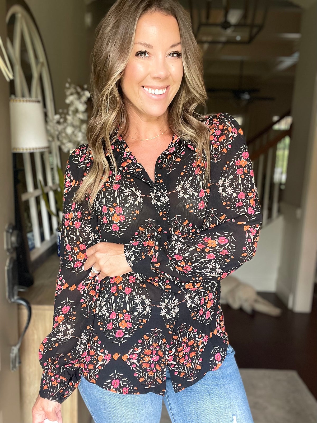 Floral Print Lantern Sleeve Loose Shirt