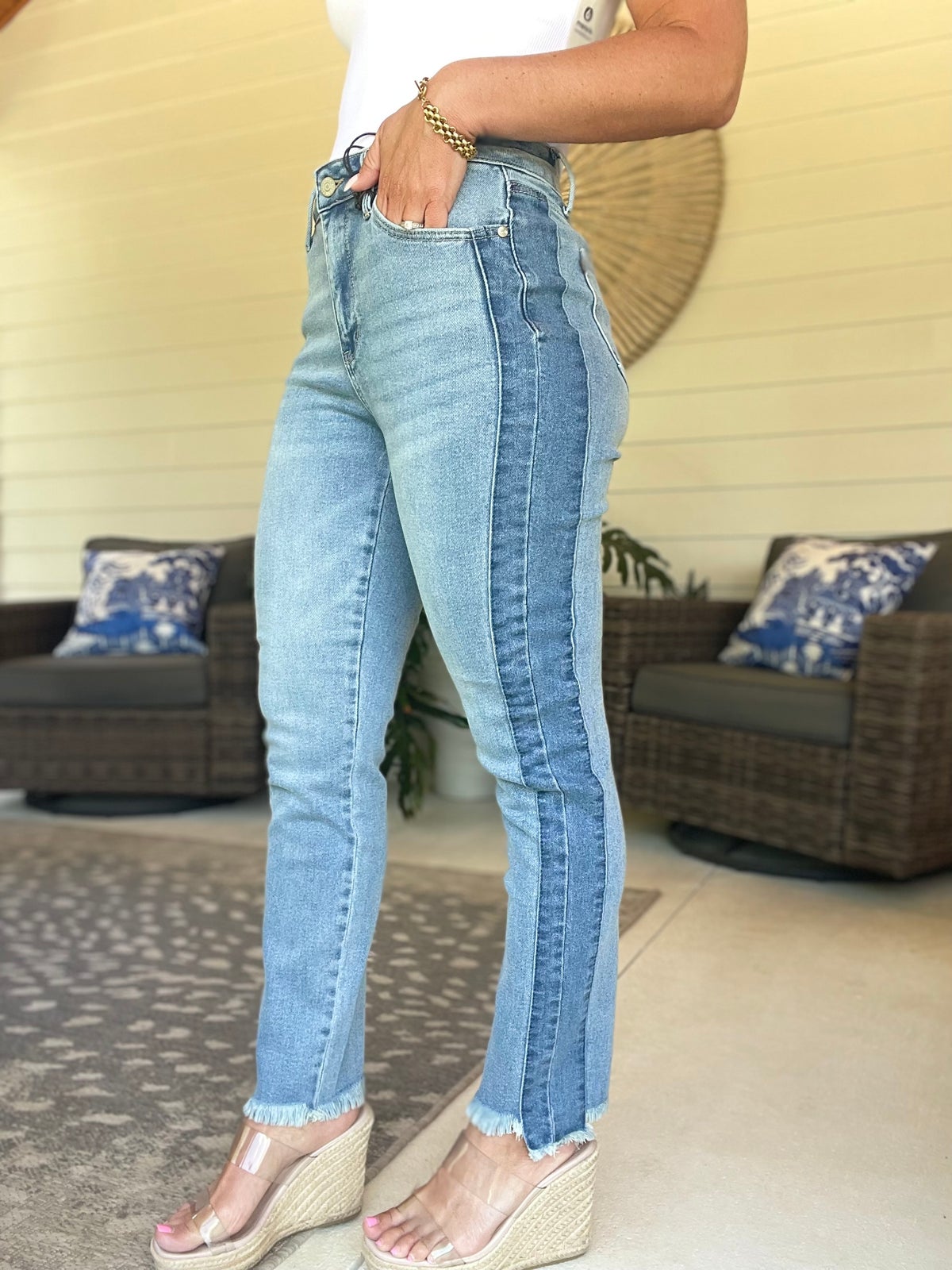 Judy Blue Full Size Vintage Wash Side Panel Detail with Fray Hem Slim Plus Size