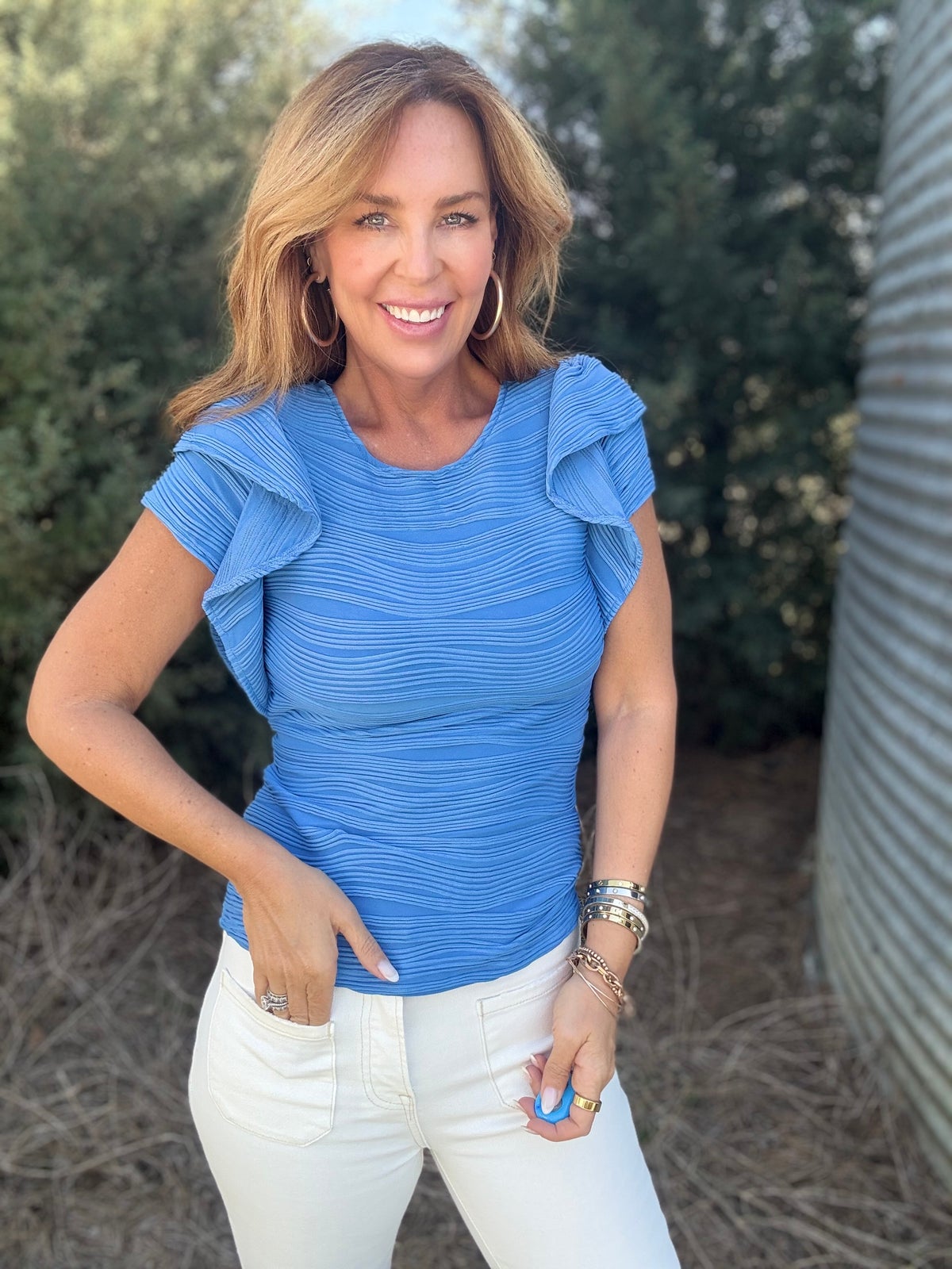 Textured Round Neck Cap Sleeve Top