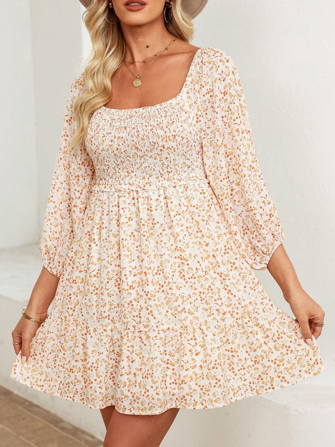 Smocked Floral Square Neck Dress