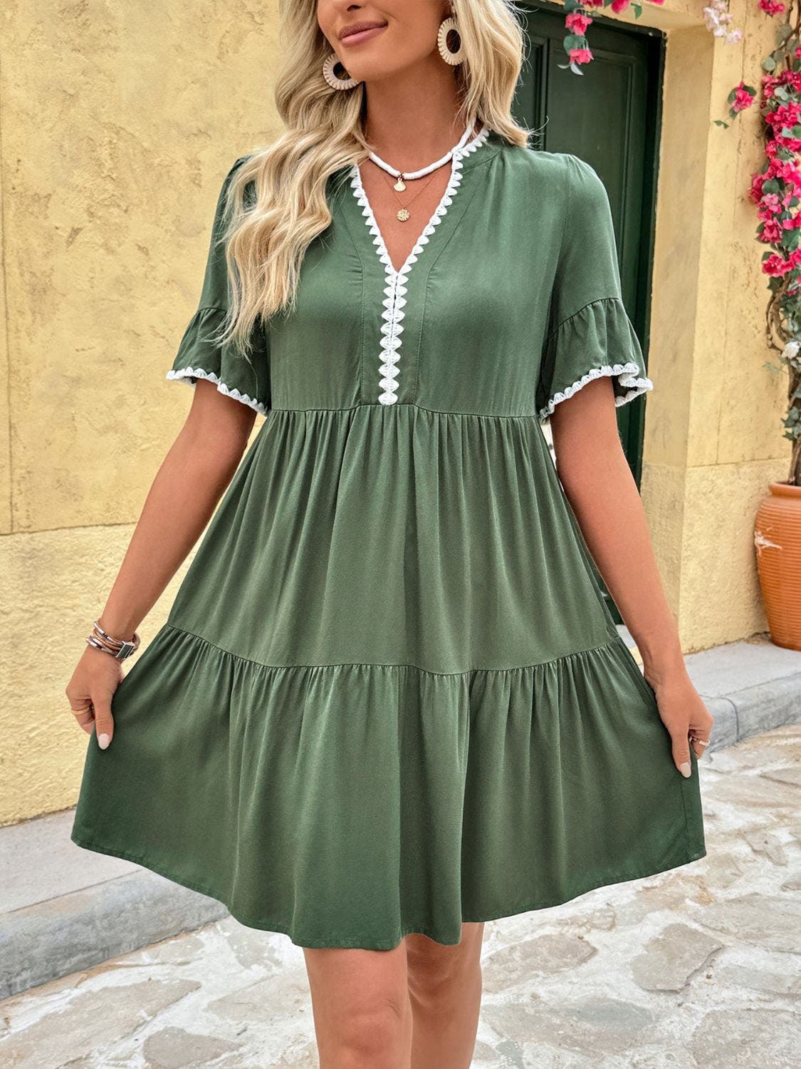Lace Detail Notched Flounce Sleeve Mini Dress