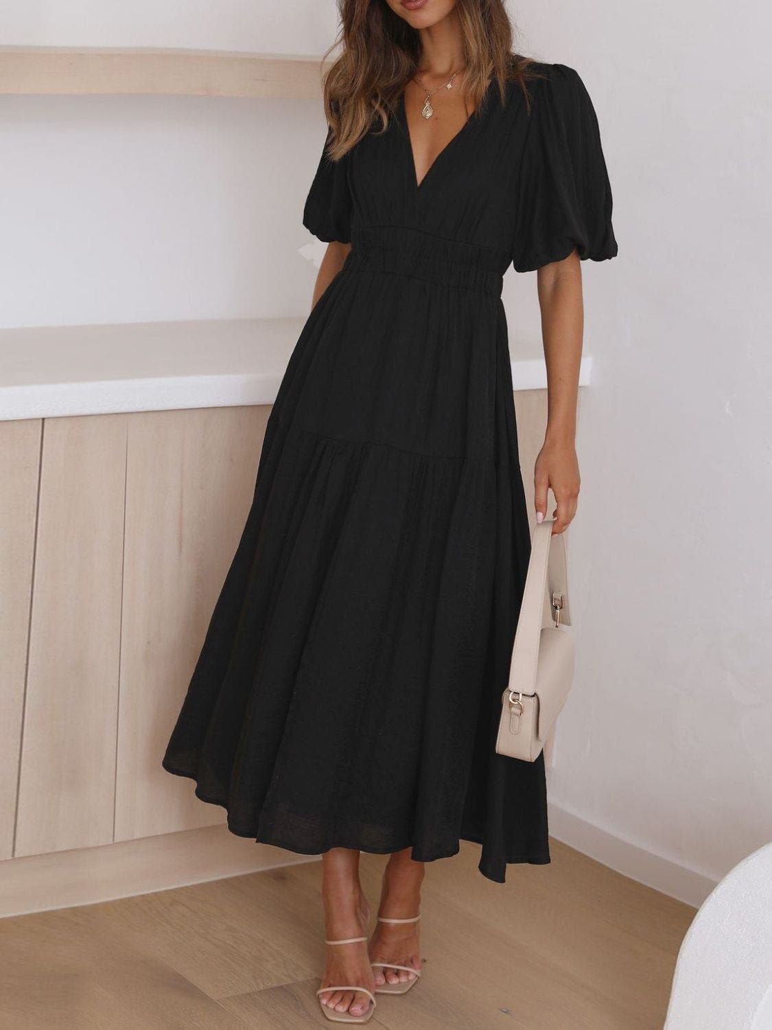 V-Neck Puff Sleeve Midi Dress