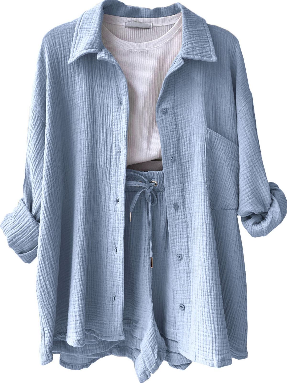 Textured Button Up Shirt and Shorts Set