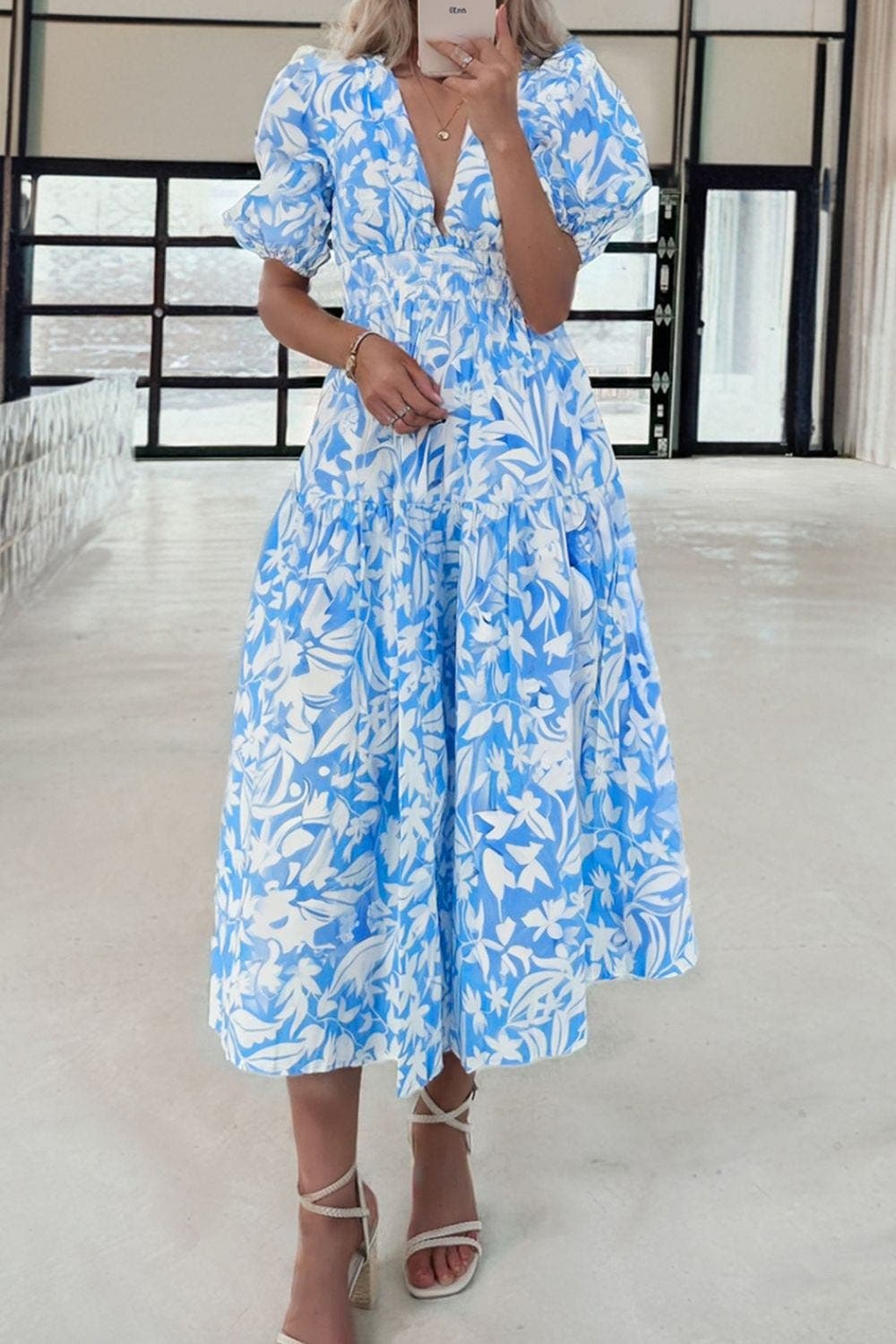 Floral V Neck Puff Short Sleeve Flowy Dress