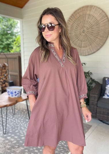 Umgee Notched Shift Dress with Trim Detail