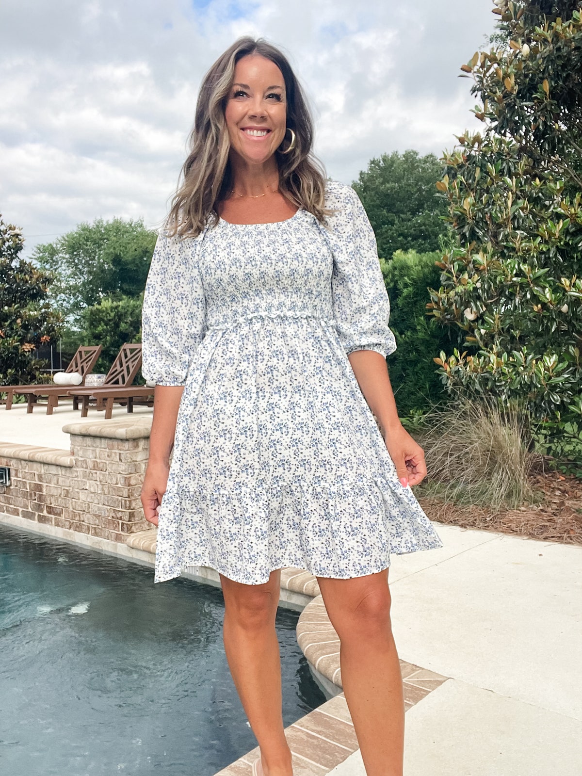 Smocked Floral Square Neck Dress