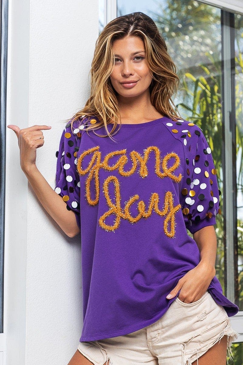 BiBi Game Day Metallic Letter Spangle Sleeve Top