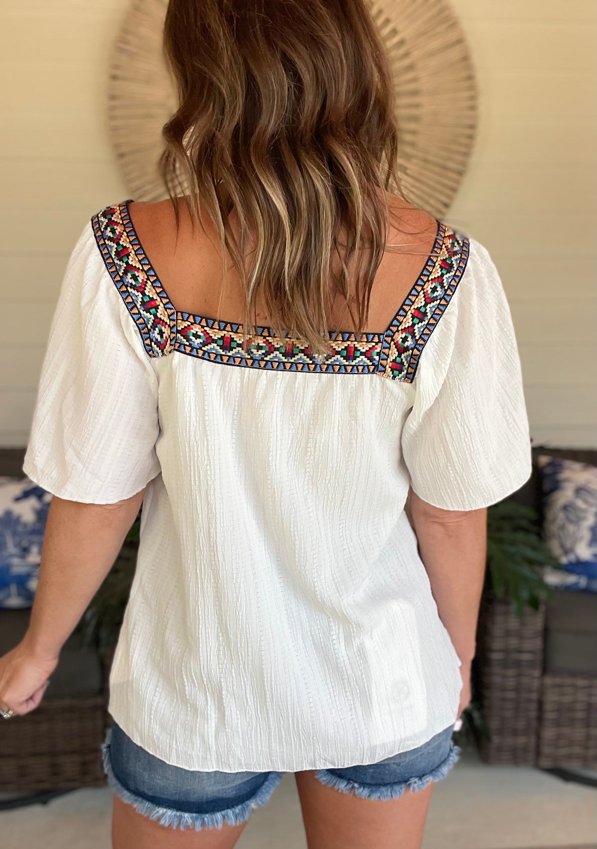 Contrast Square Neck Flutter Sleeve Blouse