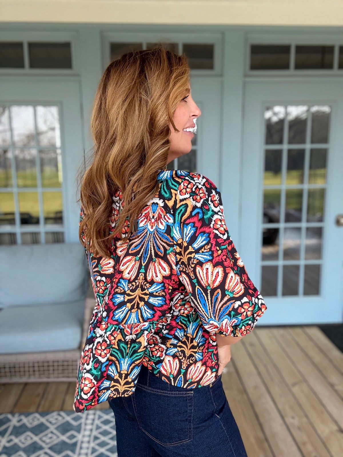 Tropical Print Puff Sleeve Knot Front Blouse