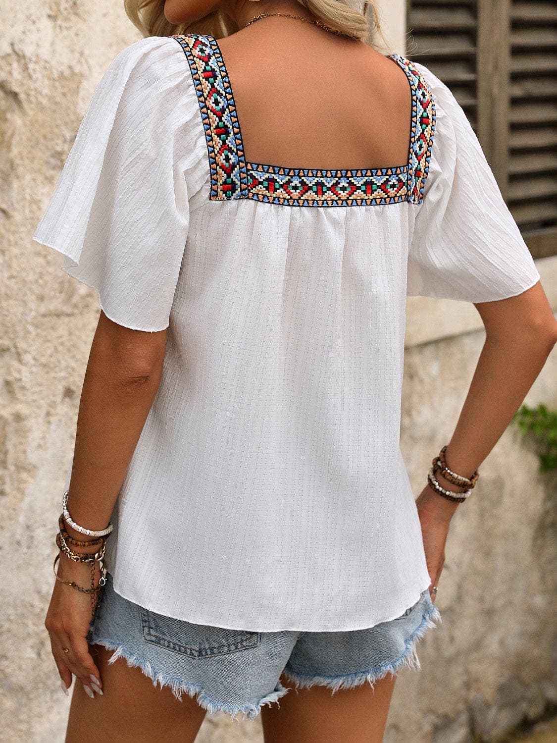 Contrast Square Neck Flutter Sleeve Blouse