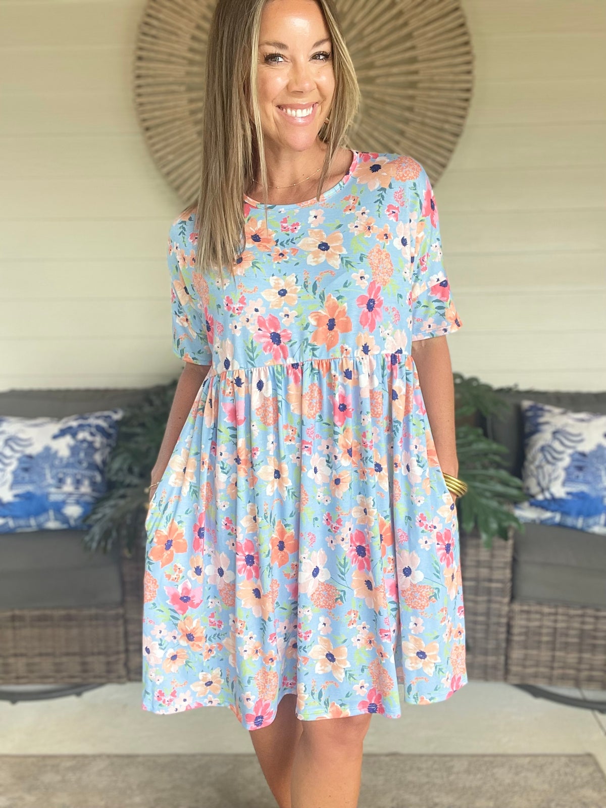 BOMBOM Floral Shirred Dress with Pockets