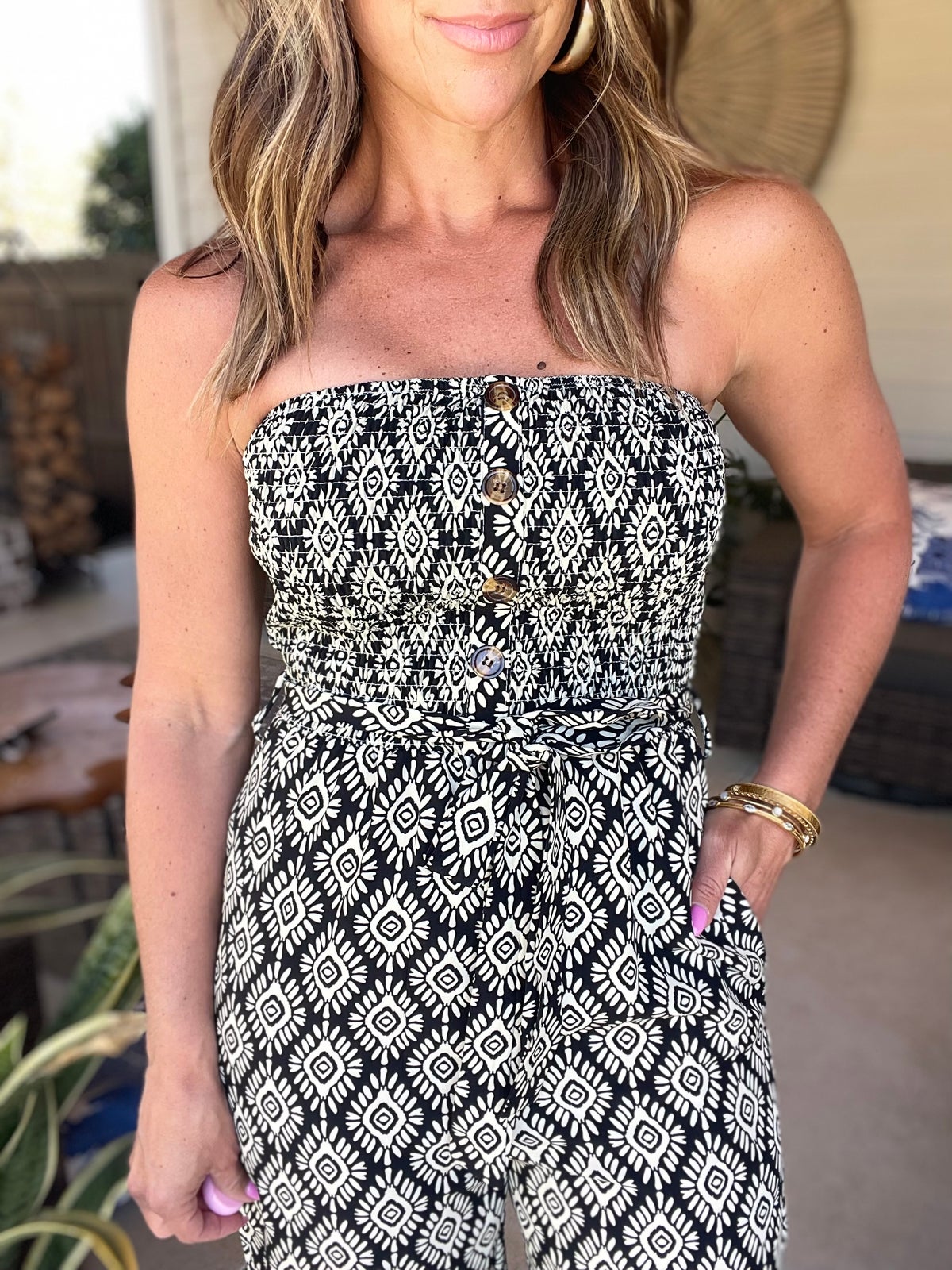Printed Smocked Sleeveless Jumpsuit
