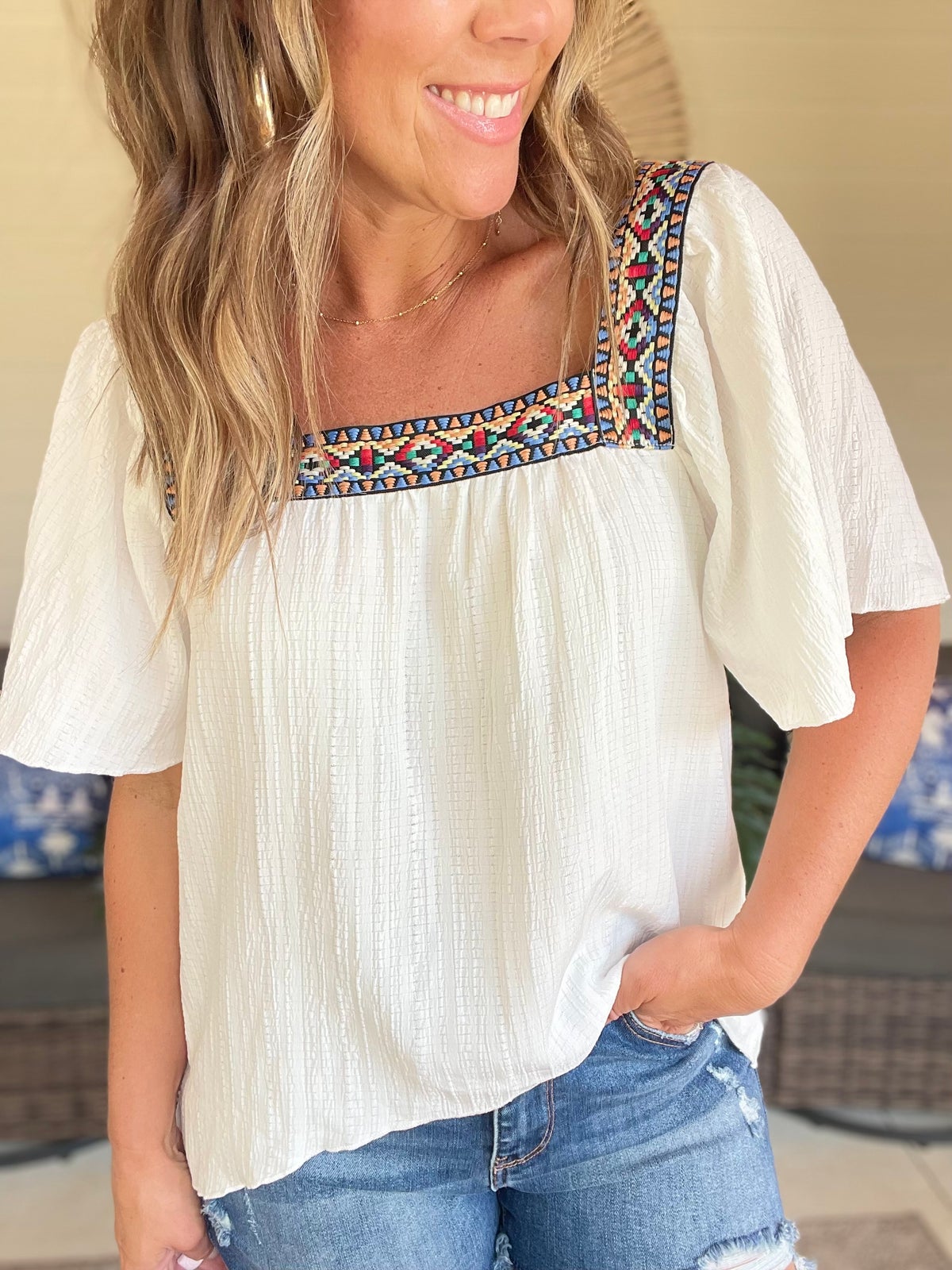 Contrast Square Neck Flutter Sleeve Blouse