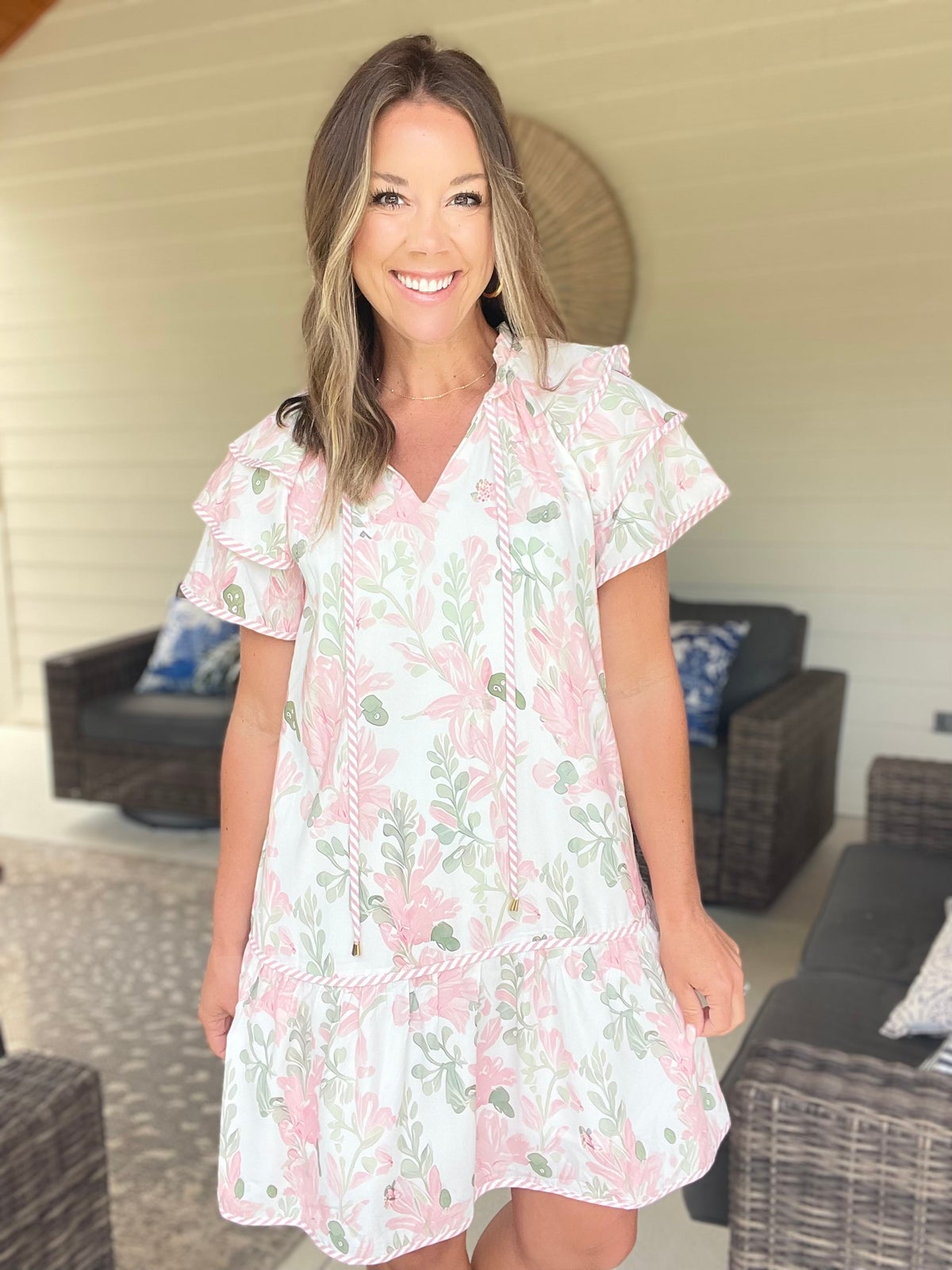 Floral Contrast Edge Layered Short Sleeve Mini Dress