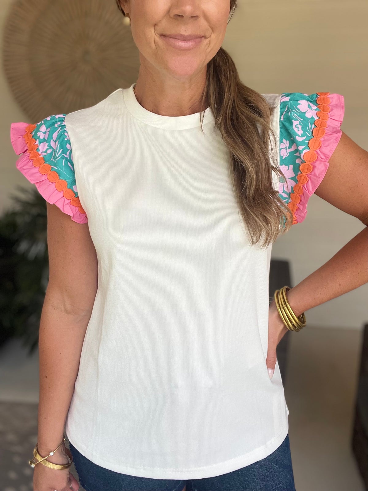 Ruffled Round Neck Cap Sleeve Top