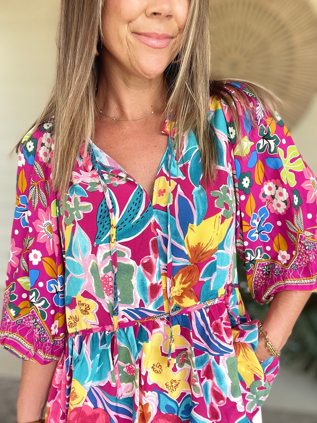 Umgee Full Size Floral Print Tie Neck Peplum Blouse
