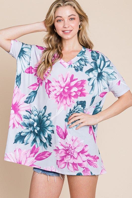 BOMBOM Floral V-Neck Short Sleeve T-Shirt