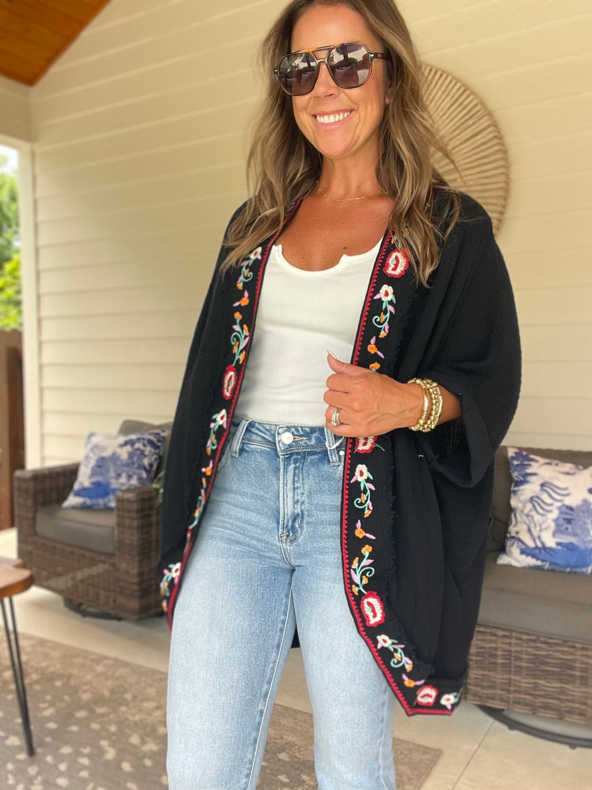 Umgee Embroidery Open Front Kimono with Pleated Shoulder Detail
