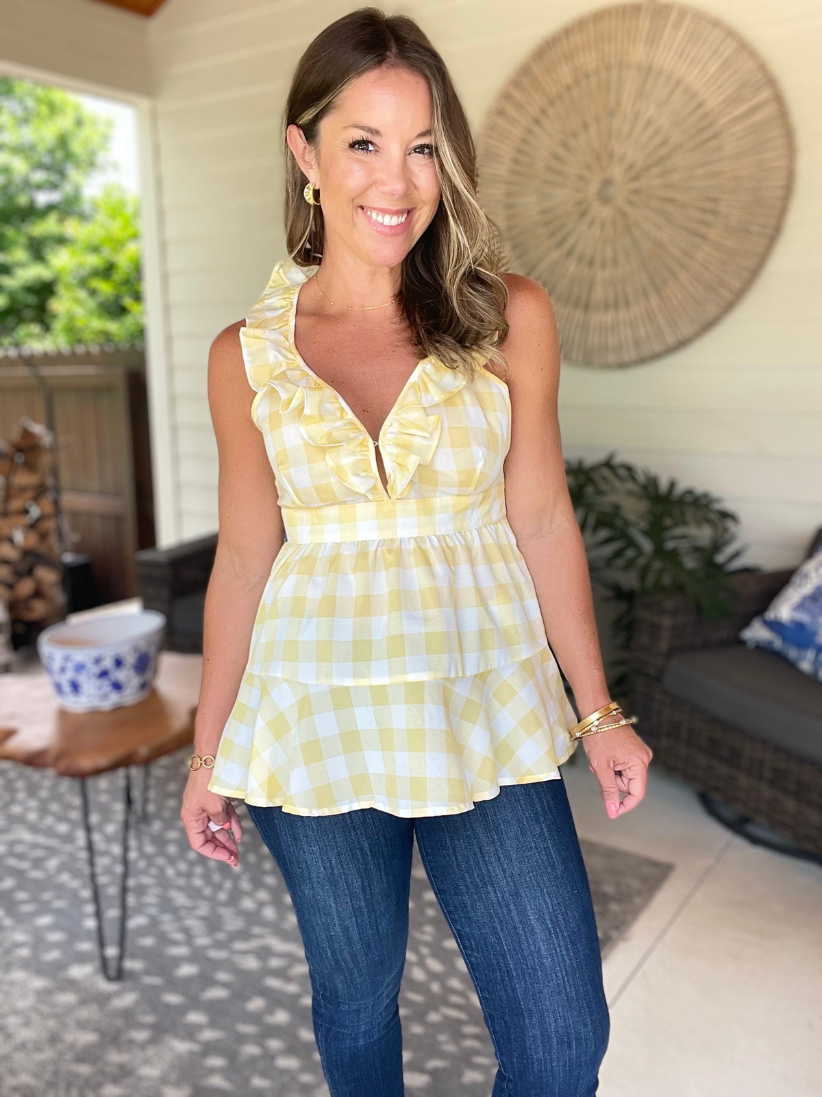 BiBi Ruffled Neckline Sleeveless Check Plaid Peplum Top