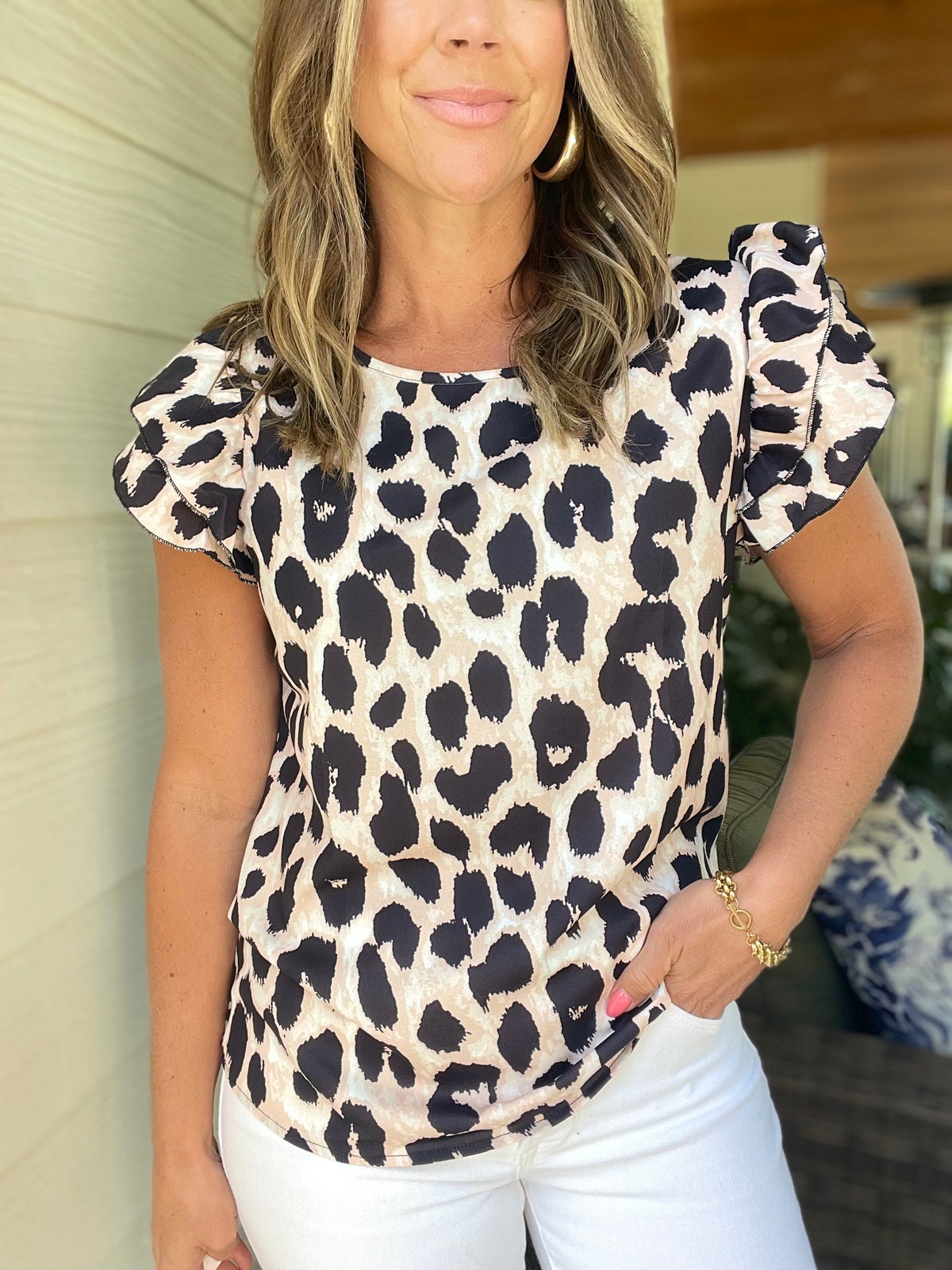 Leopard Layered Ruffled Cap Sleeve Blouse