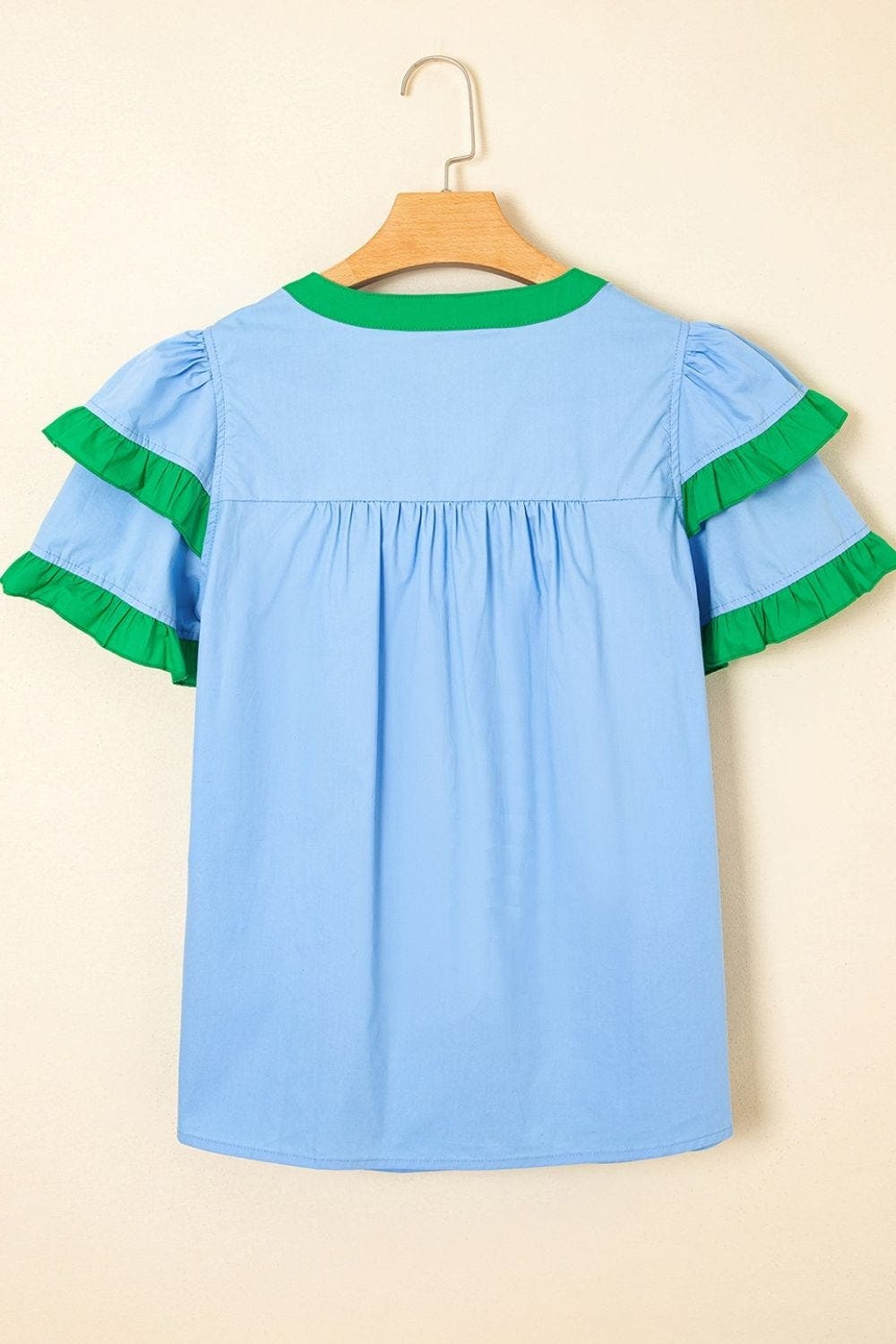Contrast Notched Neck Frilly Detail Short Sleeve Blouse