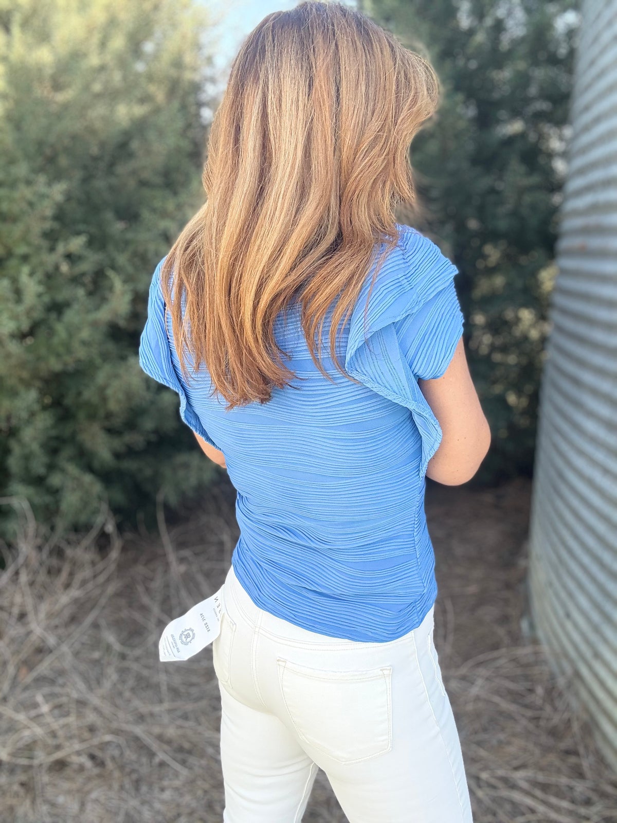 Textured Round Neck Cap Sleeve Top