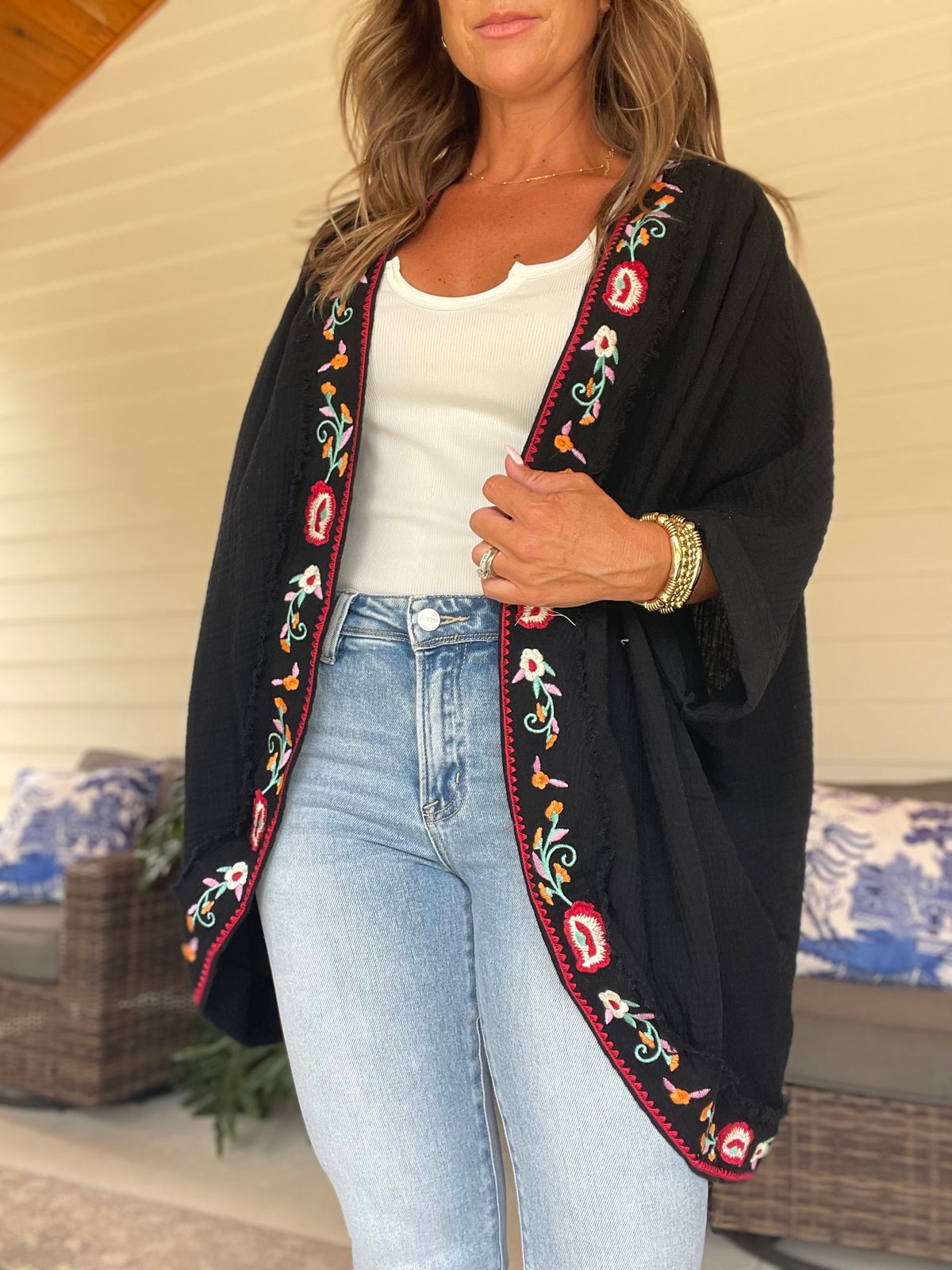 Umgee Embroidery Open Front Kimono with Pleated Shoulder Detail