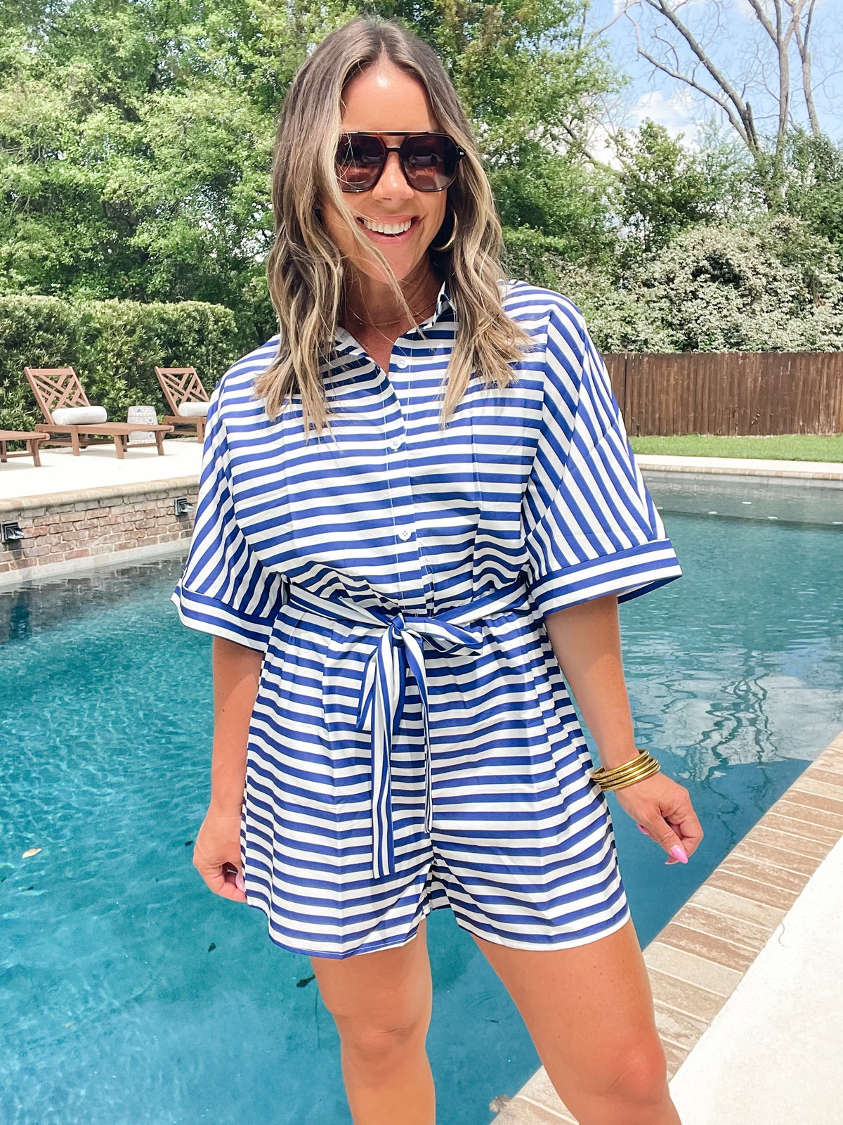 Tie Waist Half Button Striped Romper