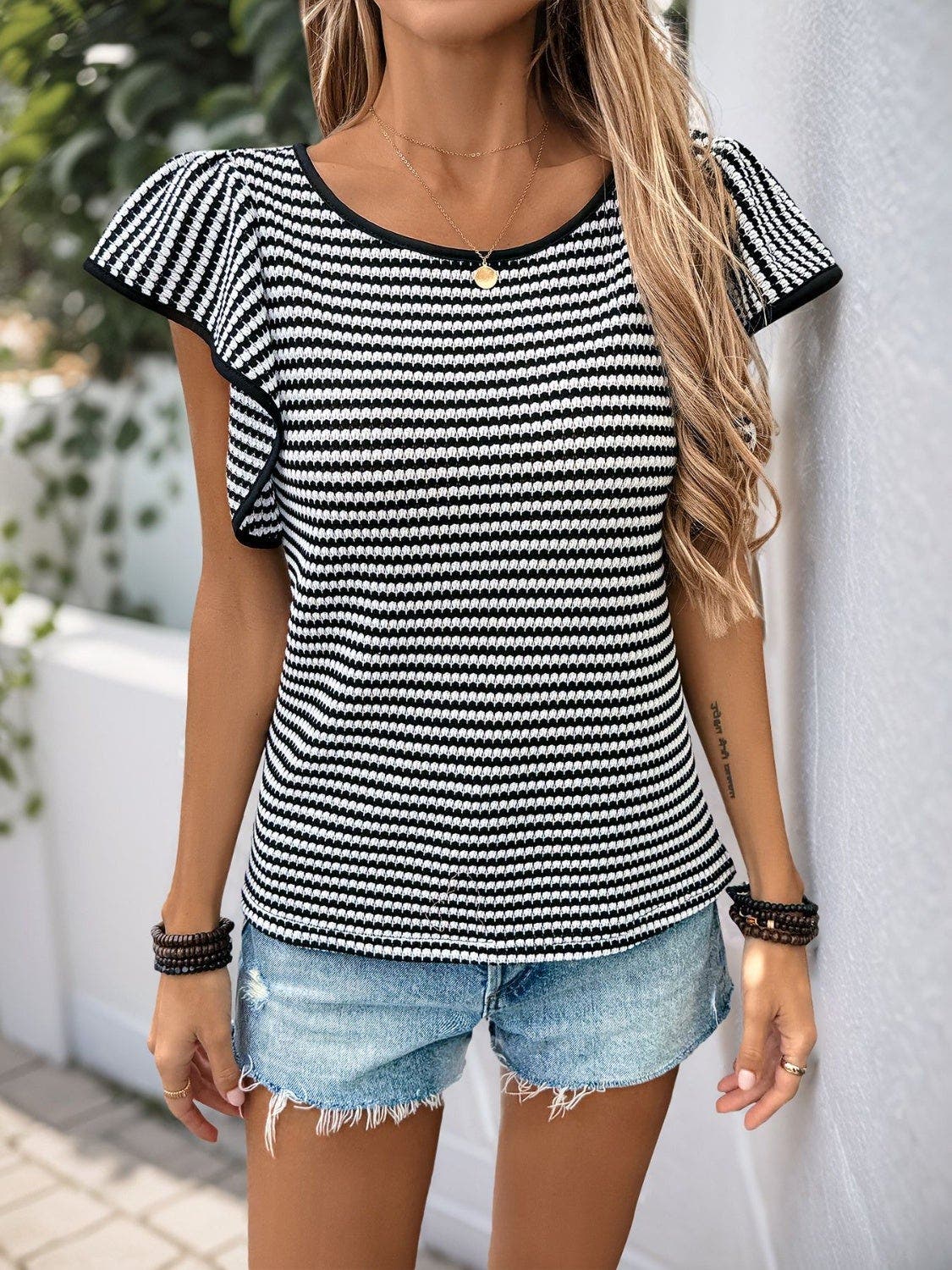 Ruffled Round Neck Short Sleeve Top
