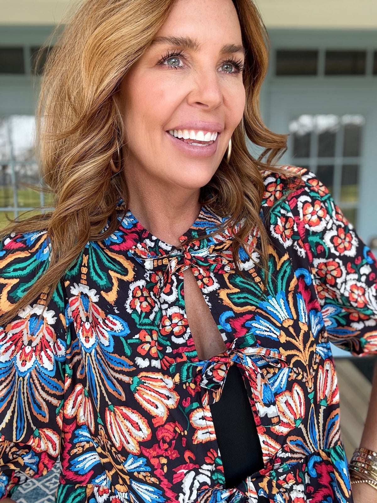 Tropical Print Puff Sleeve Knot Front Blouse