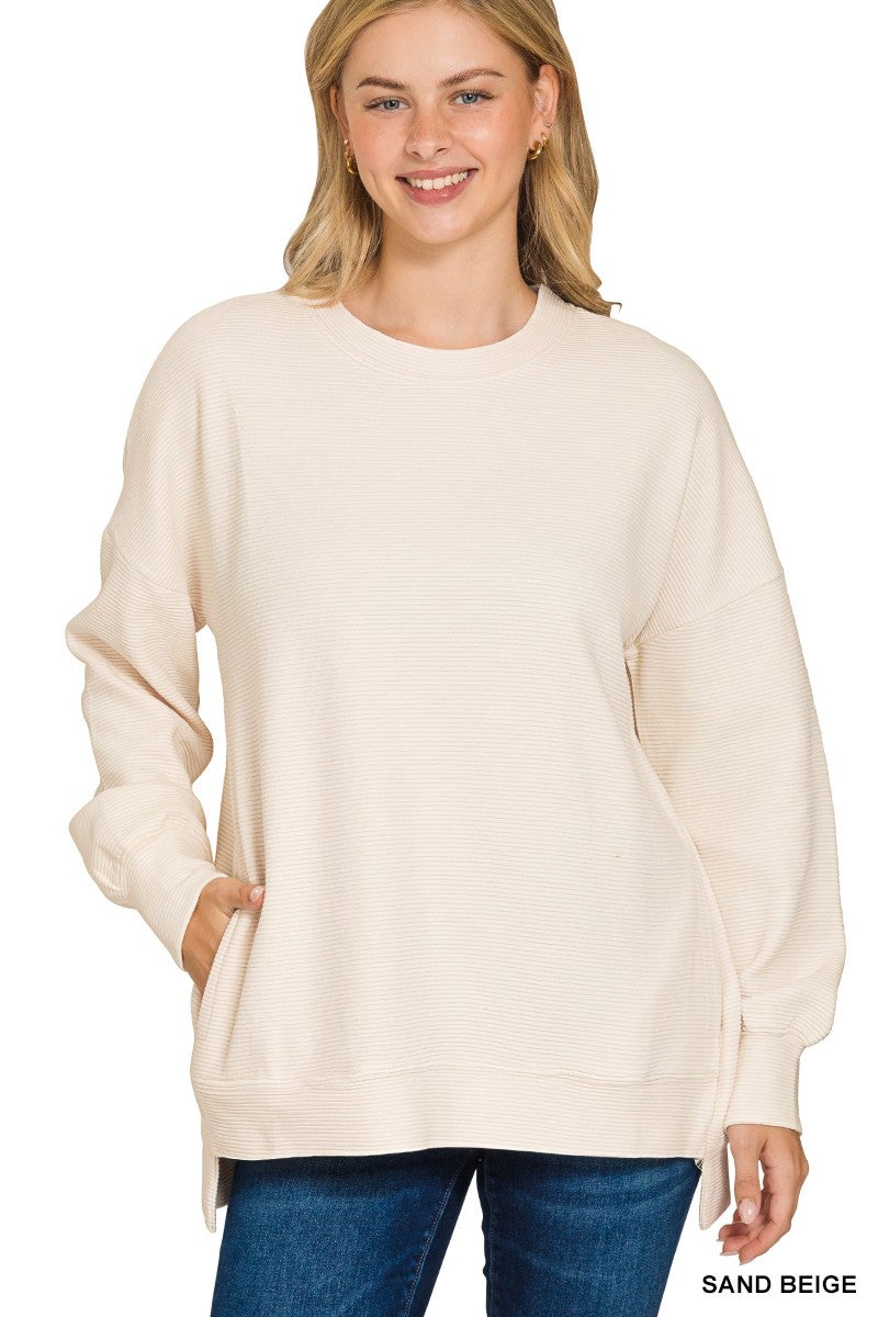 ◆Hina◆ Zenana Full Size Acid Washed Double Ribbed Hi-low Sweatshirt