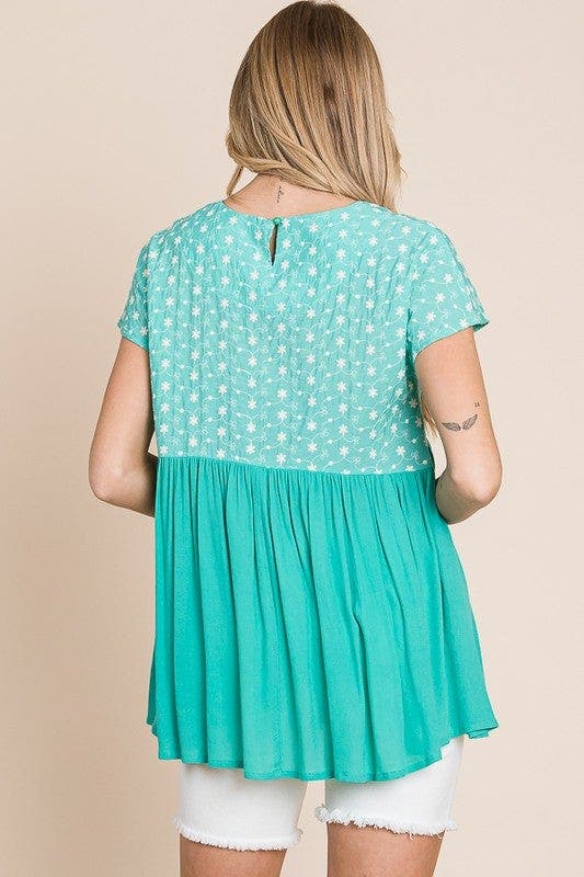 Lime 'N' Chili Full Size Embroidered Short Sleeve Pleated Babydoll Top Plus Size
