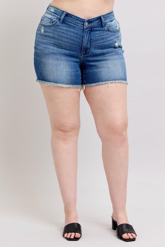 Judy Blue Full Size V-Front Denim Shorts with Shield Pockets Plus Size