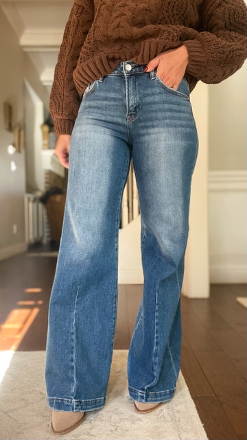 Product: RISEN Full Size Mid Rise Wide Leg Jeans with Flared Look Plus Size