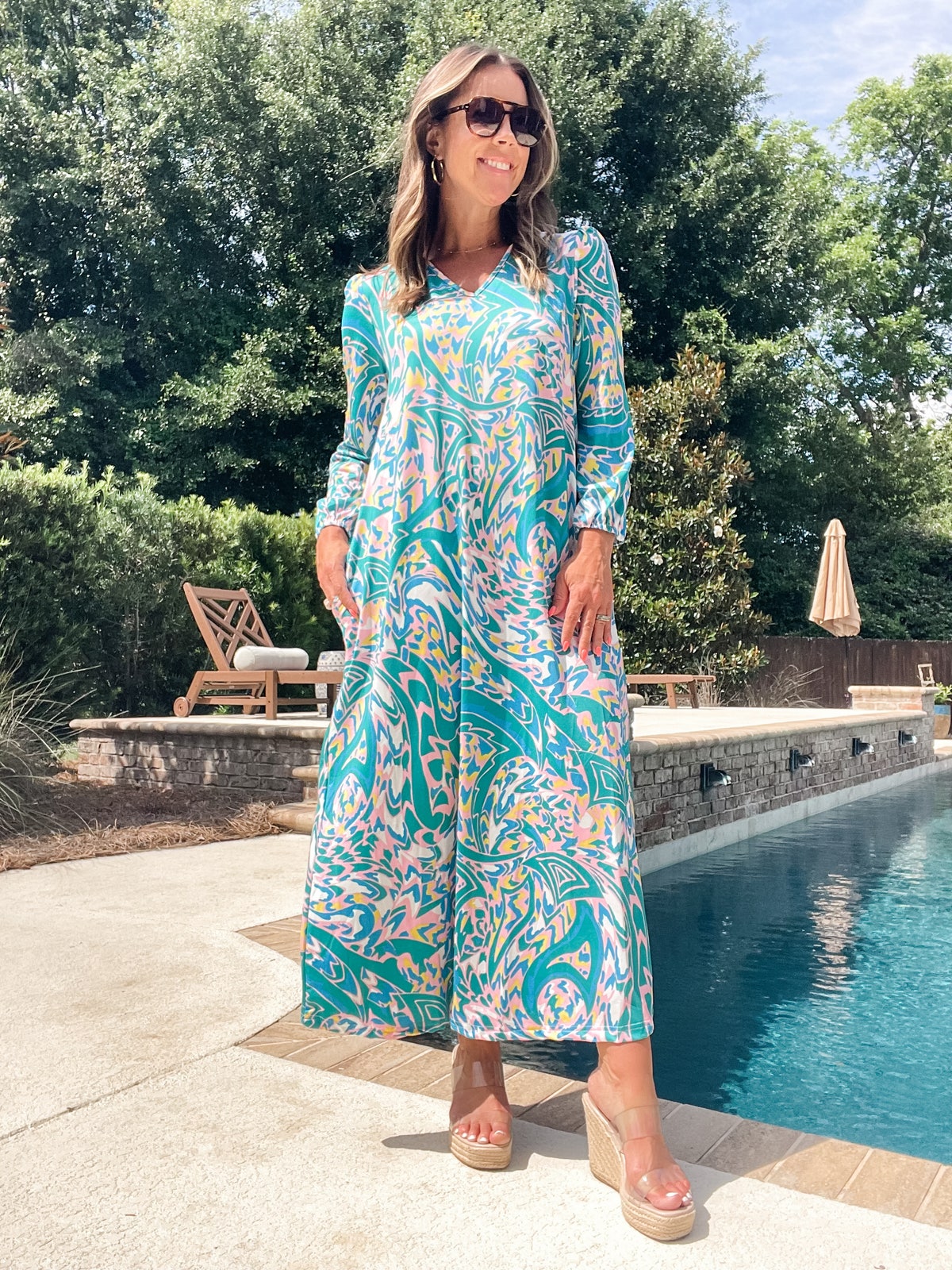 Full Size Printed V-Neck Dress with Pockets Plus Size