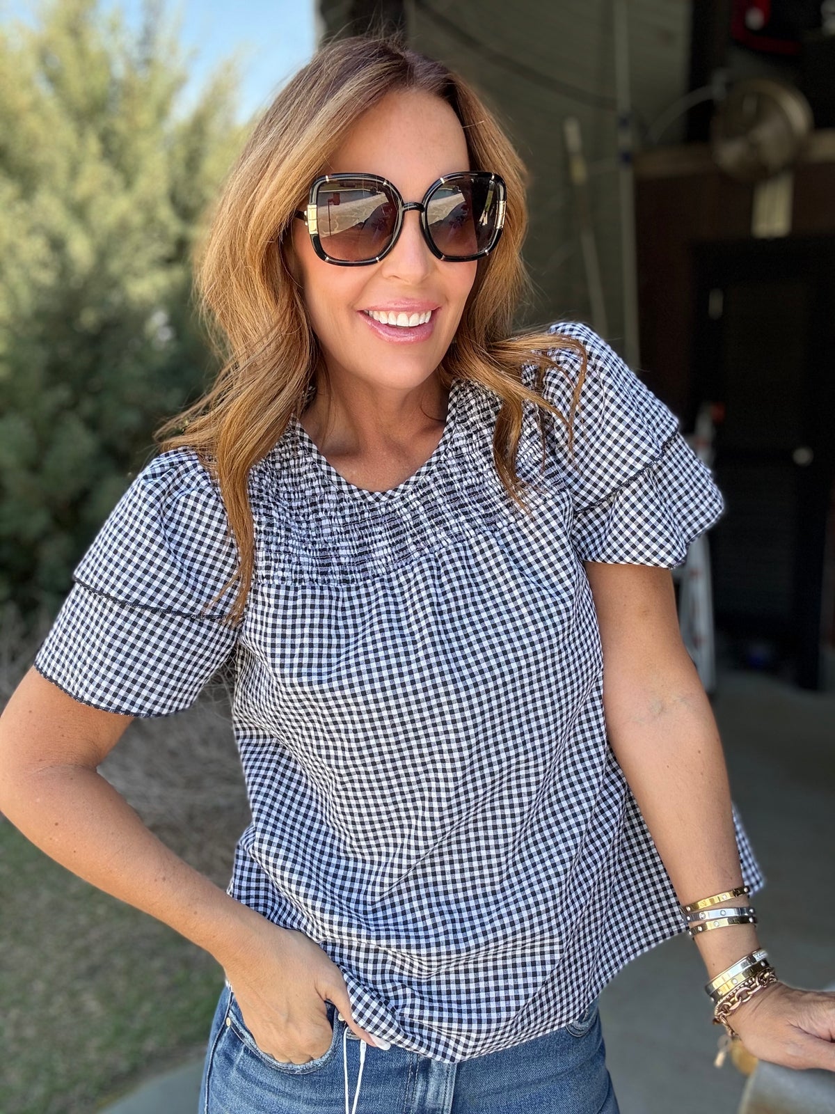 Smocked Plaid Round Neck Layered Short Sleeve Blouse