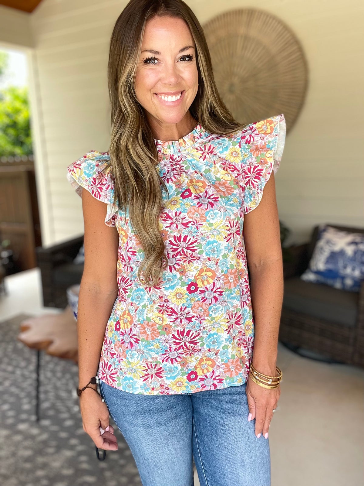 Multicolour Floral Pleated Detail Flutter Sleeve Blouse