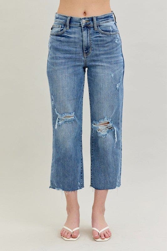 Judy Blue Full Size High Waist Destroy Crop Wide Leg Jeans Plus Size