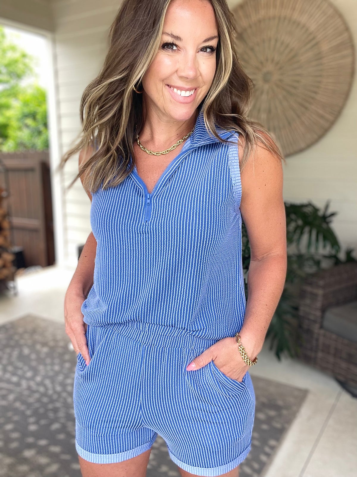 Corded Collared Half Zip Tank and Shorts Set