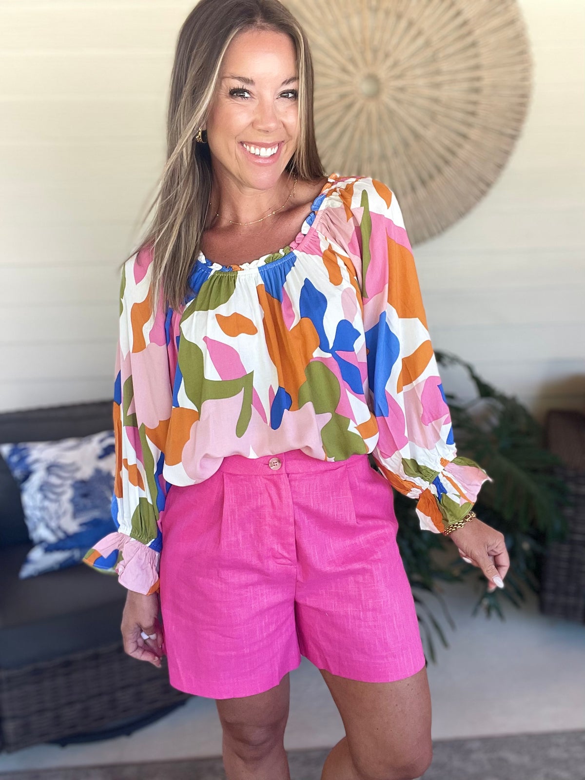 Lime 'N' Chili Abstract Print Off-the-shoulder Long Sleeve Top