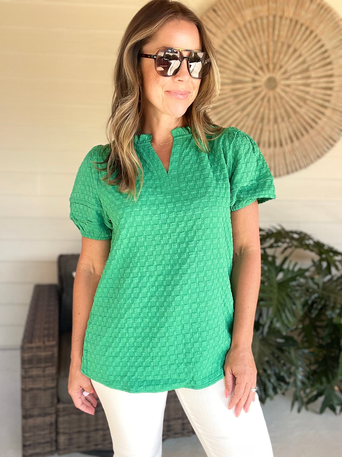 Textured Puff Short Sleeve Notched Top