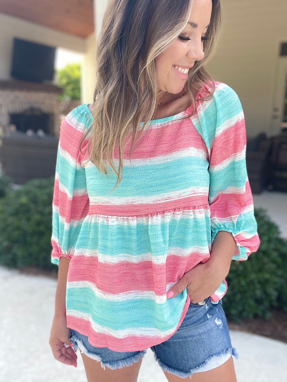 BiBi Stripe Printed Bubble Woven Balloon Sleeves Top