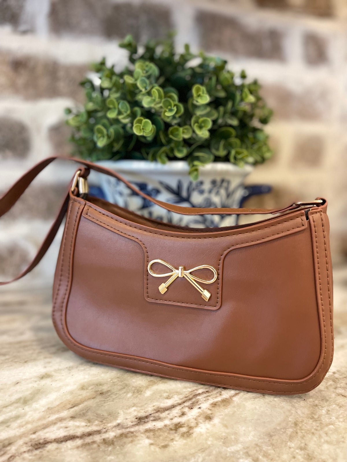 Bow Trim PU Leather Shoulder Bag