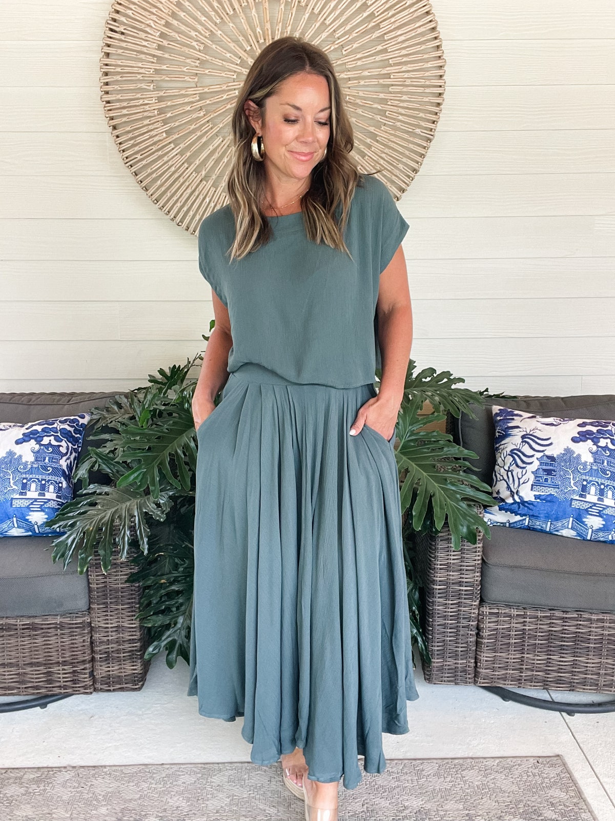 Zenana Woven Crinkle Gauze Crop Tee and Skirt Set